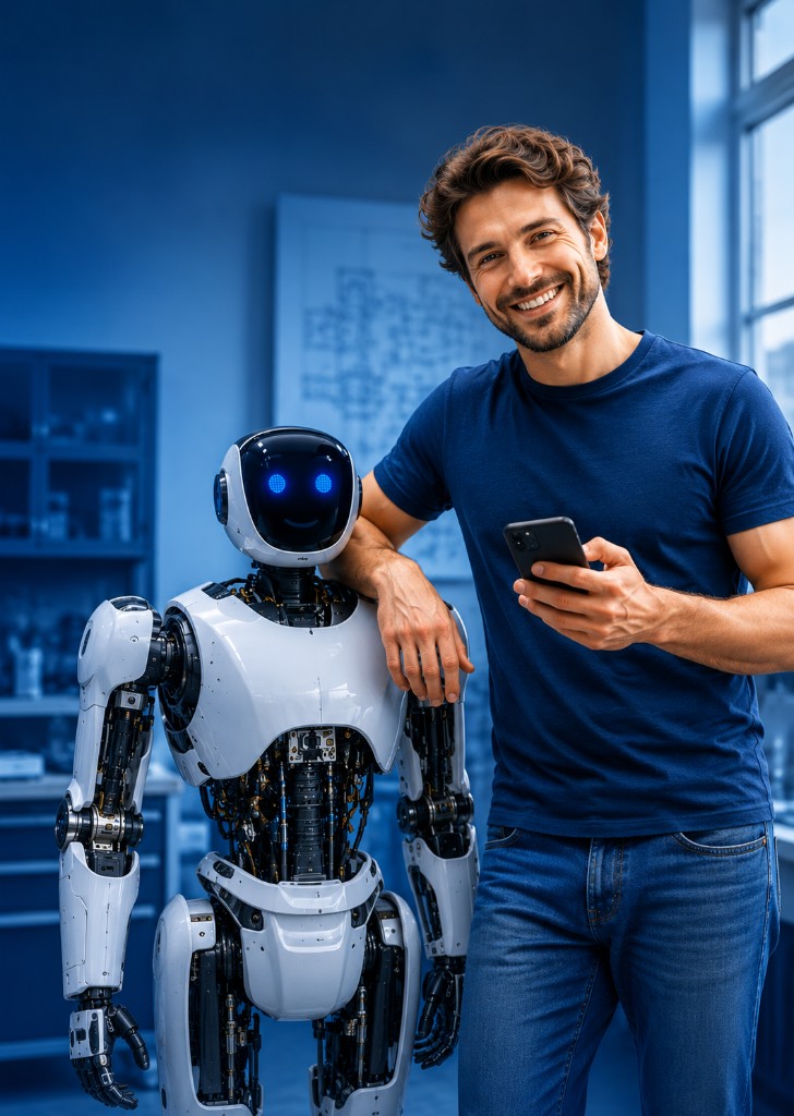 Unternehmer:in mit humanoidem Roboter — Symbol für Innovation, Digitalisierung und zukunftsorientierte Förderung im SIKB Förder-Check.